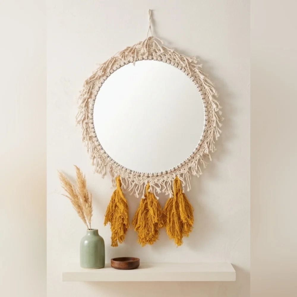 Boho Round Macrame Wall Mirror with Mustard Tassels